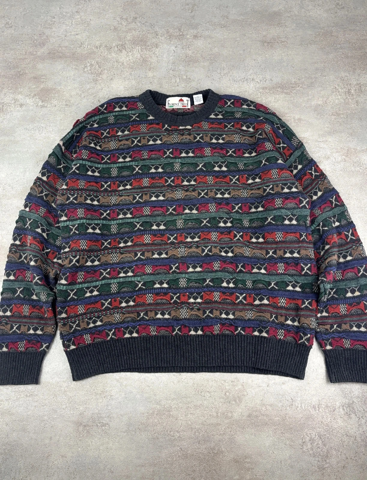 Pull Coogi style Florence Trico Col Rond Motif Géométrique Texturé Multicolore Vintage | Taille XL
